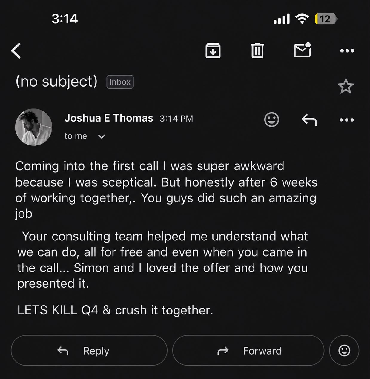 Recreated email from Joshua E Thomas after working with The Leverage Company