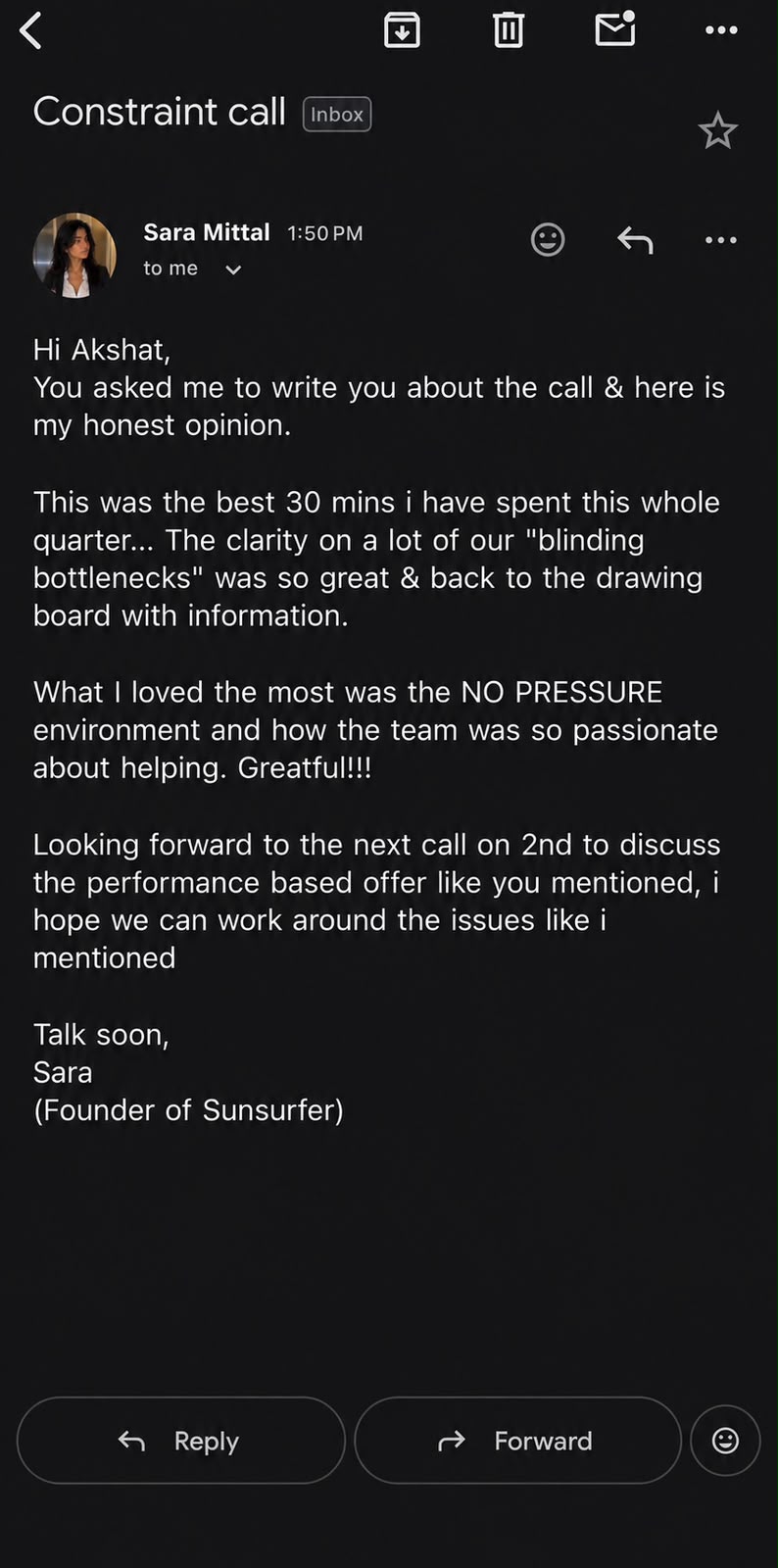 Recreated email from Sara Mittal after working with The Leverage Company